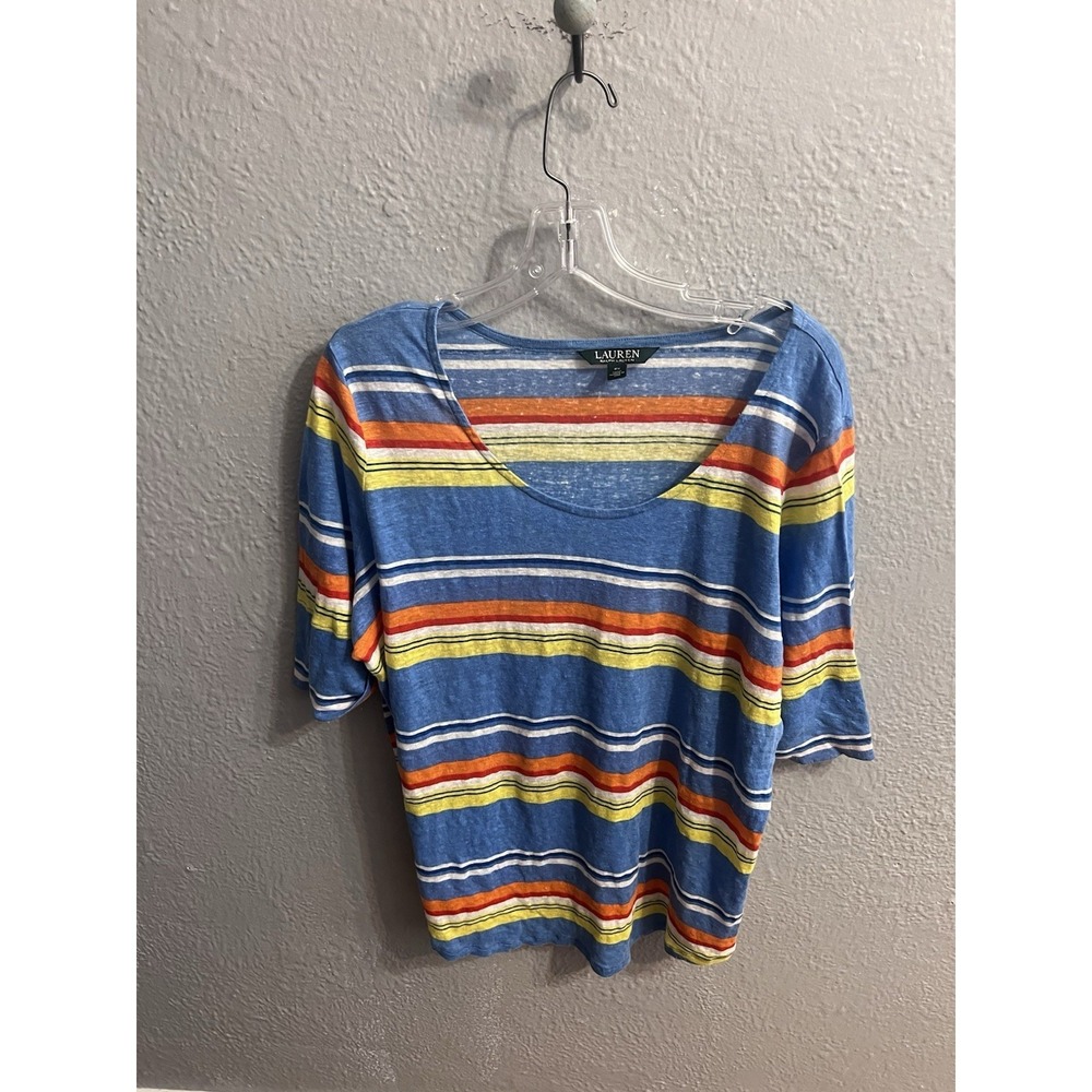 Lauren Ralph Lauren Womens Blu Striped Shirt Size 2X Short Sleeve Linen - Picture 2 of 9